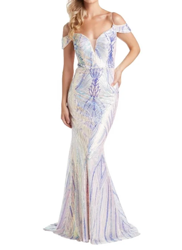 Sequin Off Shoulder Fit Gown In Light Pink/multi Silver Sequin Dress