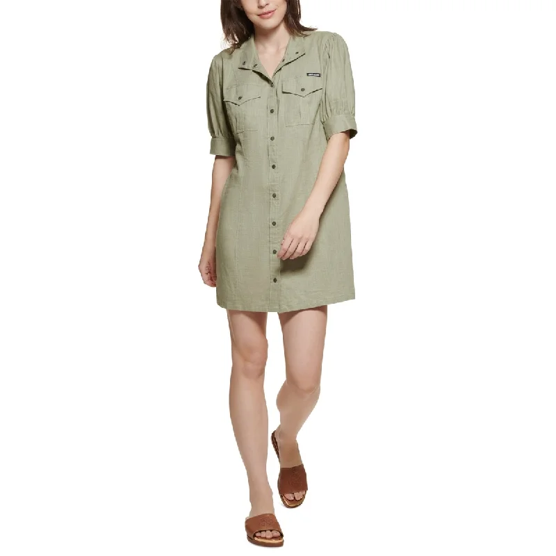 DKNY Women's Puff Sleeve Snap FronT-Shirt Dress Green Size Medium Tied Shirt Dress