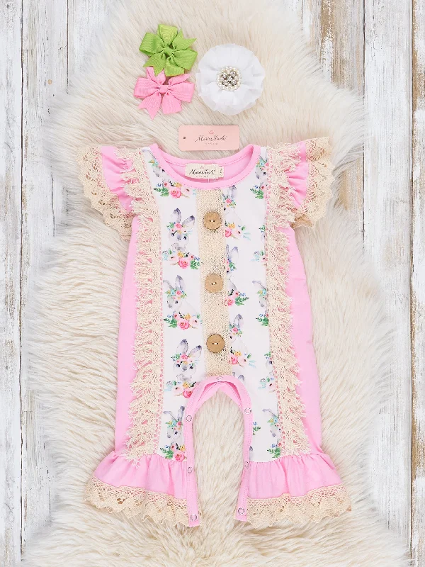 Pink & Beige Bunny Ruffle Romper