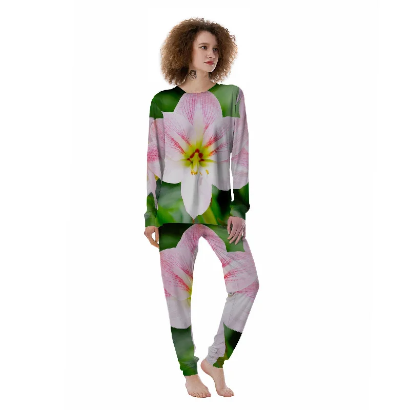 Amaryllis Pink And White Print Women's Pajamas Silk pajama sets