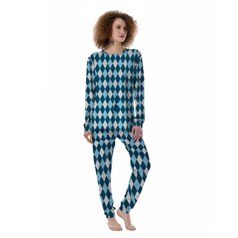 Argyle Blue And White Print Pattern Women's Pajamas Couple pajama sets
