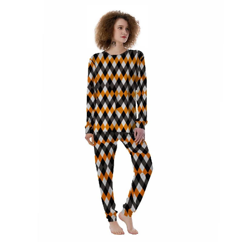 Argyle Orange Black And White Print Pattern Women's Pajamas Kids' pajama sets