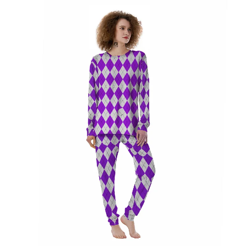 Argyle Purple And White Print Pattern Women's Pajamas Men's pajama sets