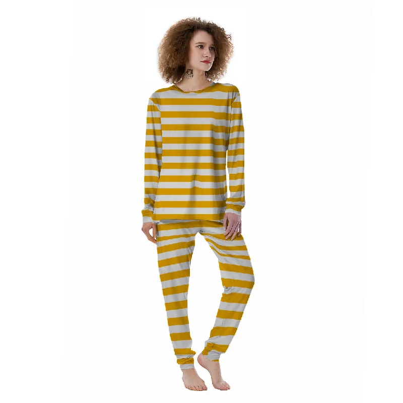 Yellow Color Striped Print Women's Pajamas Long sleeve pajama sets