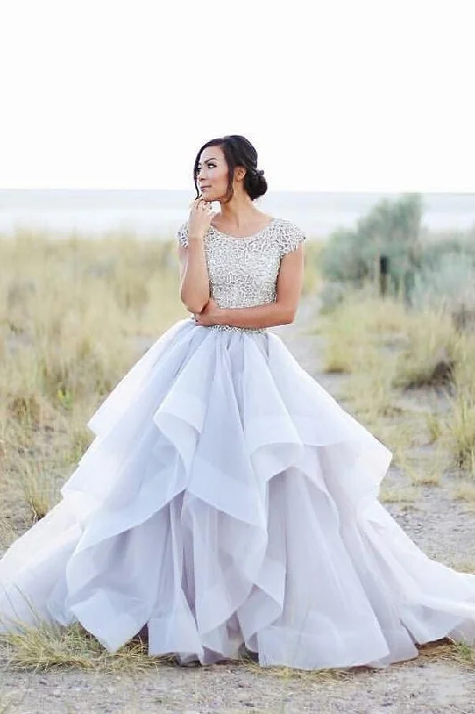 2024 Sparkly Beads Ruffles Organza Scoop Cap Sleeve Lavender Prom Wedding Dresses Floral Wedding Gown 2024 Sparkly Beads Ruffles Organza Scoop Cap Sleeve Lavender Prom Wedding Dresses Floral Wedding Gown