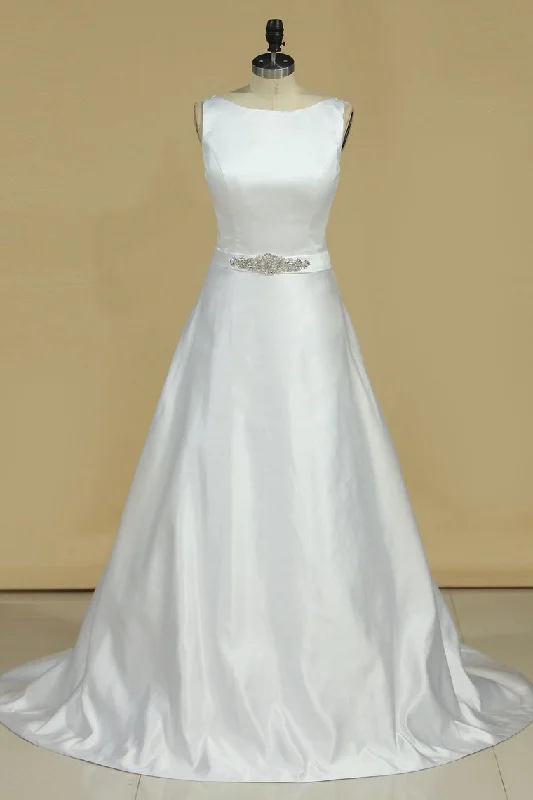 2024 Wedding Dresses A Line Scoop Satin With Beads And Sash Ball Gown Wedding