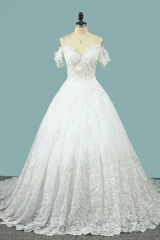 2024 Wedding Dresses Off The Shoulder A Line With Applique Tulle Ruffle Wedding Gown 2024 Wedding Dresses Off The Shoulder A Line With Applique Tulle Ruffle Wedding Gown