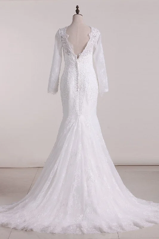 2024 Wedding Dresses Scoop Long Sleeves Open Back Lace With Applique Satin Bridal Gown 2024 Wedding Dresses Scoop Long Sleeves Open Back Lace With Applique Satin Bridal Gown