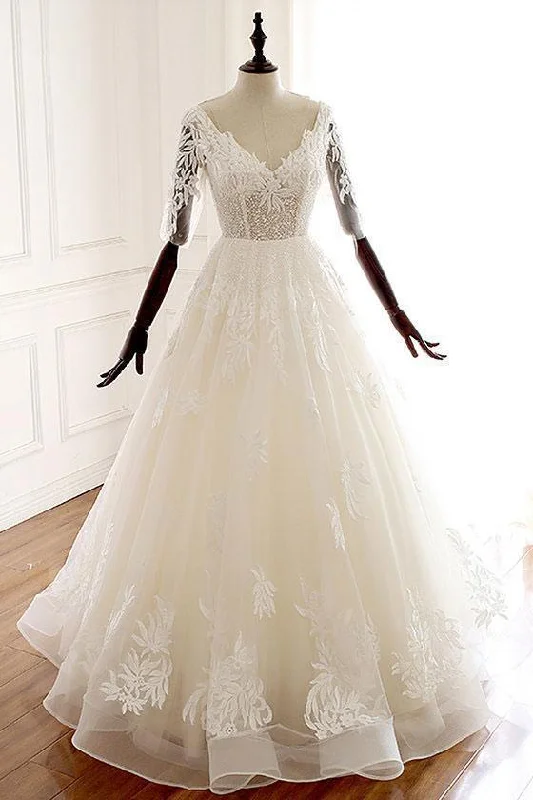A Line Ivory V Neck Tulle Lace Half Sleeve Organza Long Prom Dresses Wedding Dress Chic Lace Dress A Line Ivory V Neck Tulle Lace Half Sleeve Organza Long Prom Dresses Wedding Dress Chic Lace Dress