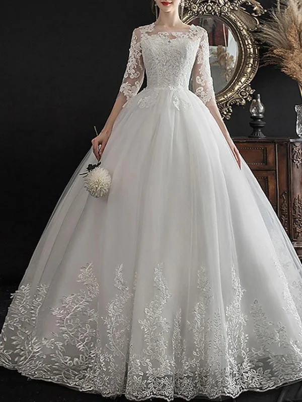 A-Line Wedding Dresses Jewel Neck Sweep \ Brush Train Lace Half Sleeve Glamorous See-Through Illusion Sleeve Empire Waist Dress A-Line Wedding Dresses Jewel Neck Sweep \ Brush Train Lace Half Sleeve Glamorous See-Through Illusion Sleeve Empire Waist Dress