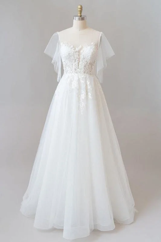 Appliques Tulle A-line Chapel Train Wedding Dress White Lace Gown