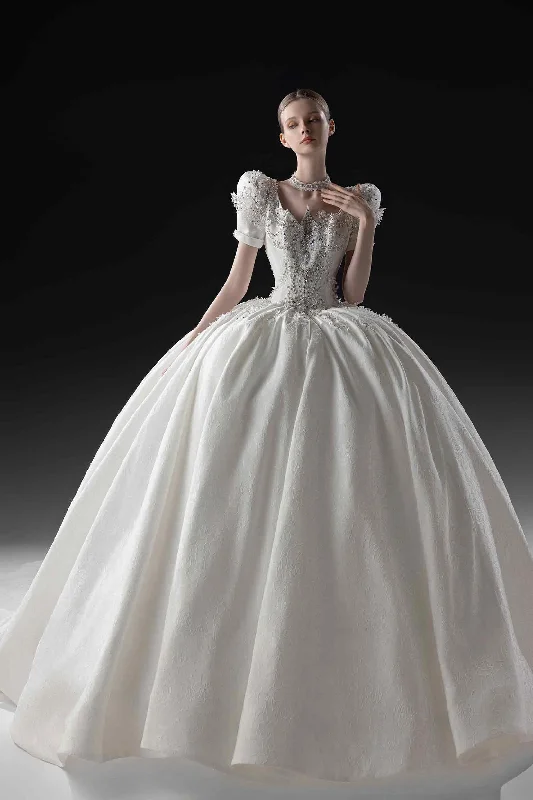 Ball Gown Cathedral Train Satin Wedding Dress CW3365 Beaded Wedding Gown