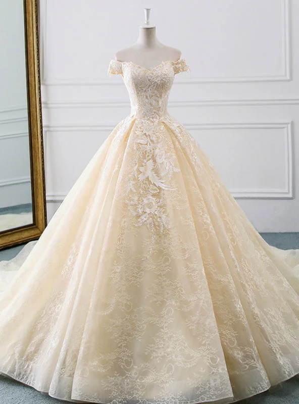 Champagne Ball Gown Tulle Lace Appliques Wedding Dress With Train Full Skirt Wedding