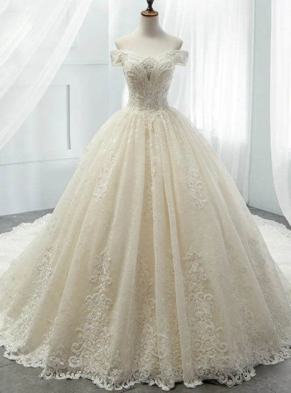 Champagne Ball Gown Tulle Lace Appliques Wedding Dress Boho Chic Gown