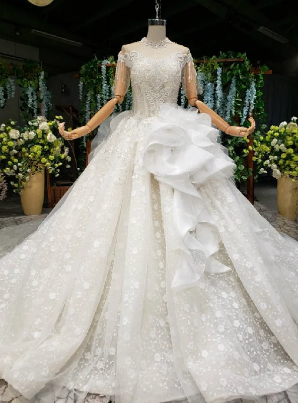 Champagne Ball Gown Tulle Lace Off the Shoulder Short Sleeve Wedding Dress Romantic Satin Dress Champagne Ball Gown Tulle Lace Off the Shoulder Short Sleeve Wedding Dress Romantic Satin Dress