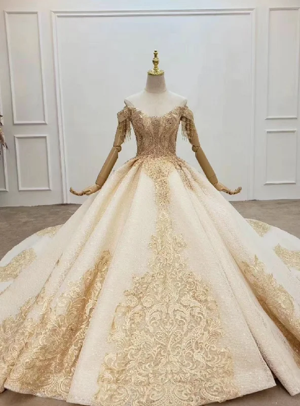 Champagne Ball Gown Tulle Off the Shoulder Lace Appliques Wedding Dress Beaded Lace Wedding Champagne Ball Gown Tulle Off the Shoulder Lace Appliques Wedding Dress Beaded Lace Wedding