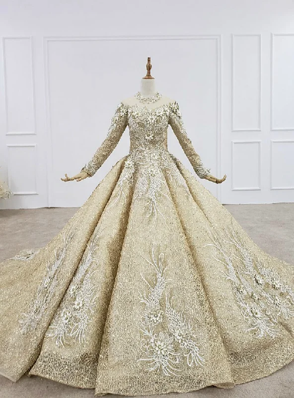 Champagne Gold Ball Gown Lace Sequins High Neck Long Sleeve Wedding Dress Soft Lace Gown Champagne Gold Ball Gown Lace Sequins High Neck Long Sleeve Wedding Dress Soft Lace Gown