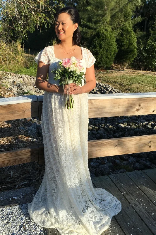 Country Queen Anne Short Sleeve Lace Pleated Maternity Wedding Dress-715508 Floral Lace Wedding Country Queen Anne Short Sleeve Lace Pleated Maternity Wedding Dress-715508 Floral Lace Wedding
