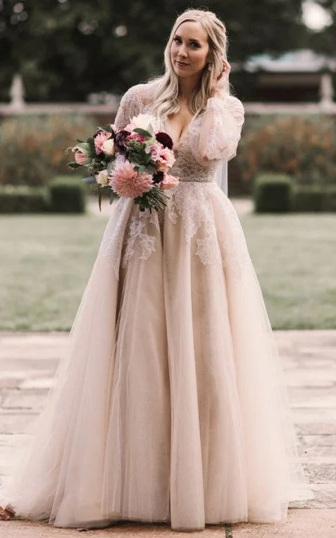 Ethereal Floor-length Train Long Sleeve Lace A Line Wedding Dress with Appliques-716289 Mermaid Style Gown Ethereal Floor-length Train Long Sleeve Lace A Line Wedding Dress with Appliques-716289 Mermaid Style Gown