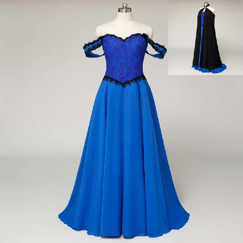 Fantasy Theme Royal Blue Lace Wedding Dress with Black Cape | MAUDE Sleeveless Bridal Gown Fantasy Theme Royal Blue Lace Wedding Dress with Black Cape | MAUDE Sleeveless Bridal Gown