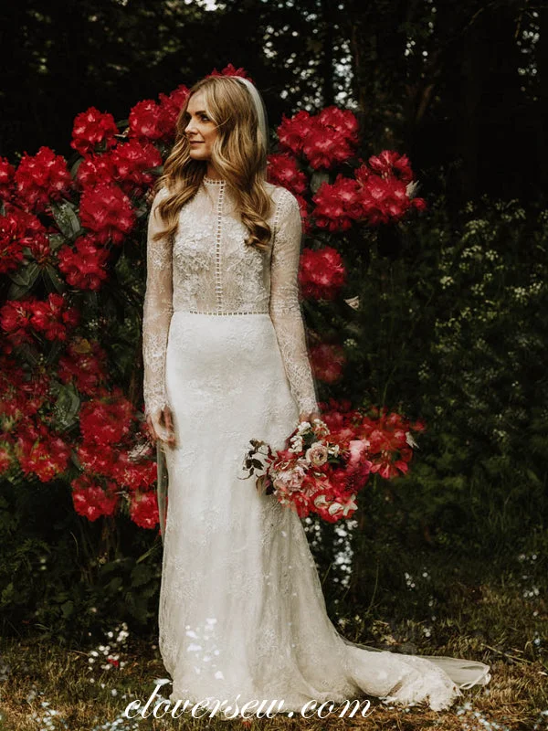 Lace High Neck Long Sleeves Sheath Wedding Dresses, CW0238 Lace Sleeveless Dress