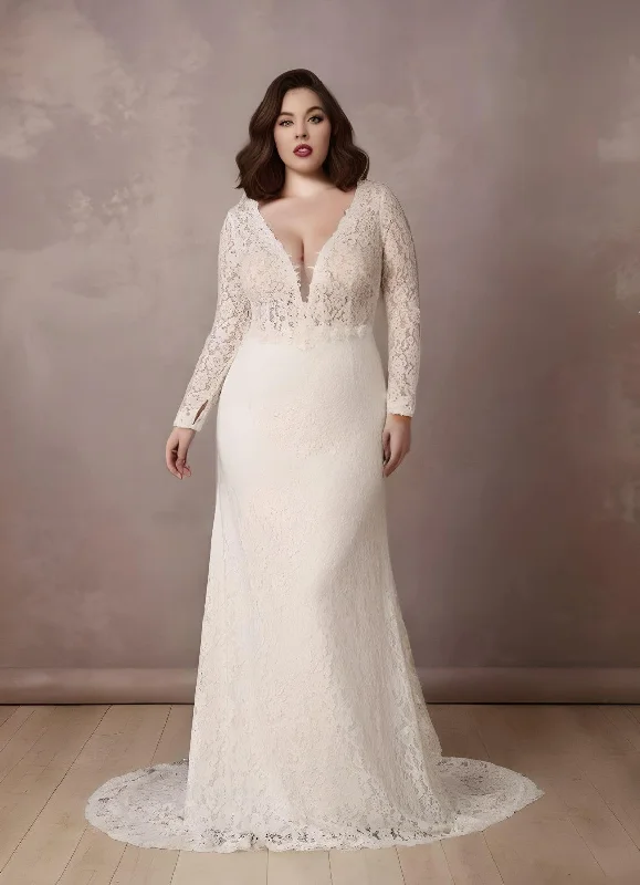 Lace Long Sleeve Plus Size Mermaid Wedding Dress 2023 Sexy Bohemian Elegant Plunging Neckline Floor-length Sweep Train-MW_760013 Strapless Wedding Gown Lace Long Sleeve Plus Size Mermaid Wedding Dress 2023 Sexy Bohemian Elegant Plunging Neckline Floor-length Sweep Train-MW_760013 Strapless Wedding Gown
