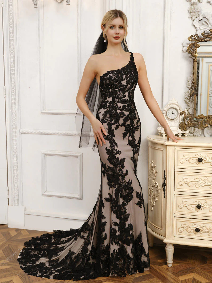 One-Shoulder Sleeveless Tulle Mermaid Wedding Dresses With Appliques Silk Wedding Gown