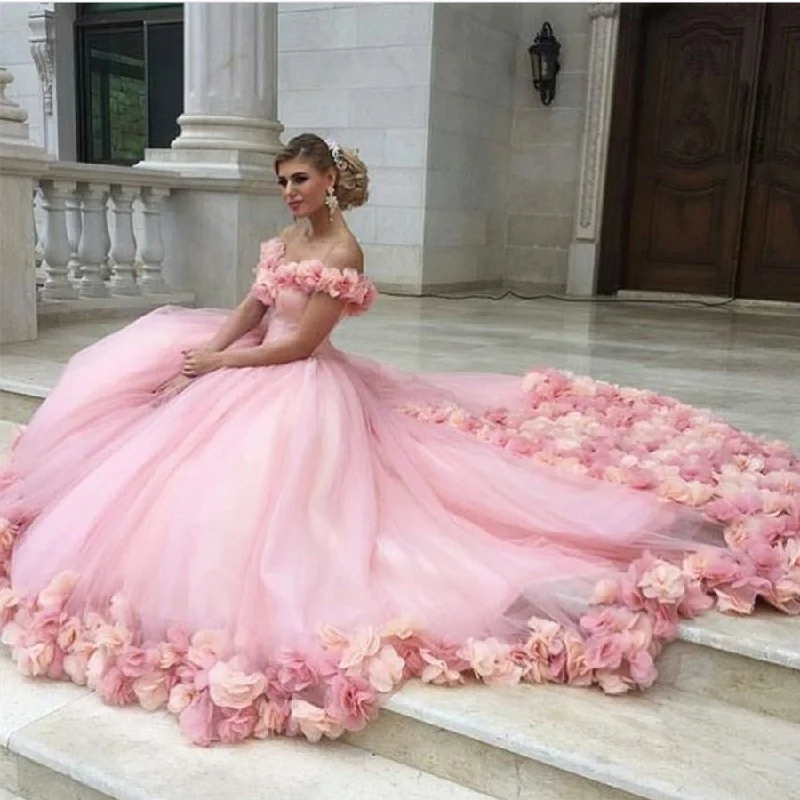 pink tulle flower ball gowns wedding dress off the shoulder Luxury Wedding Dress