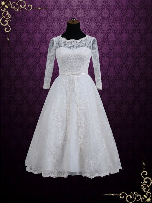 Ready to Wear Vintage Inspired Tea Length Lace Wedding Dress with Sleeves MAYA Princess Wedding Dress