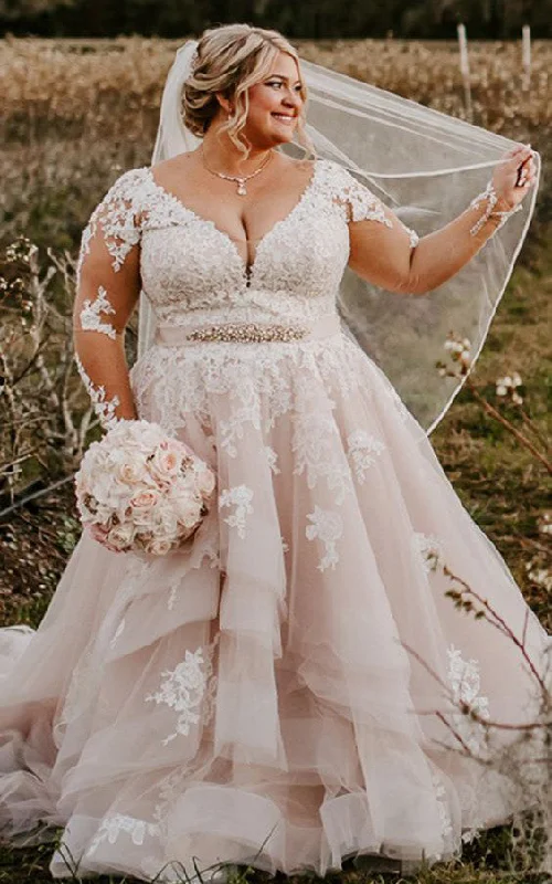 Romantic Plus Size Brush Train Long Sleeve Lace A Line Wedding Dress with Tiers-716286 Illusion Lace Gown Romantic Plus Size Brush Train Long Sleeve Lace A Line Wedding Dress with Tiers-716286 Illusion Lace Gown