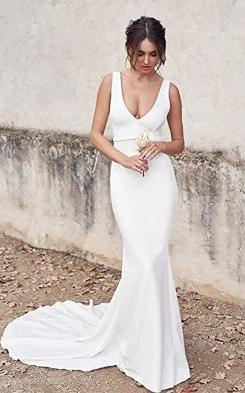 Satin Mermaid V-neck Wedding Dress Simple Sexy Romantic Summer Adorable Country With Open Back And Sleevesless-716765 Off-shoulder Gown Satin Mermaid V-neck Wedding Dress Simple Sexy Romantic Summer Adorable Country With Open Back And Sleevesless-716765 Off-shoulder Gown