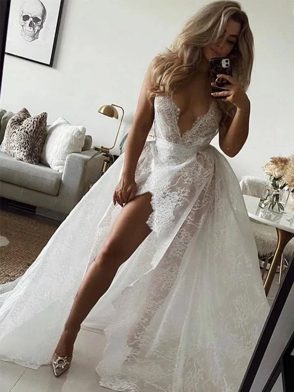 See Through Deep V-neck Wedding Dresses, Lace High Slit Sexy Wedding Dresses Sexy Satin Gown See Through Deep V-neck Wedding Dresses, Lace High Slit Sexy Wedding Dresses Sexy Satin Gown