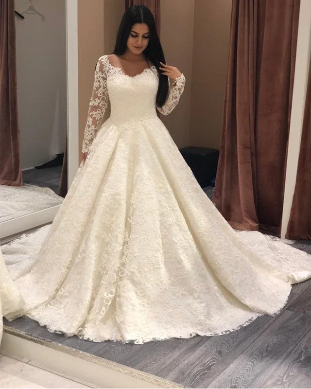 Skin Color Tulle Neckline Long Sleeves Lace Wedding Dresses Full Skirt Gown