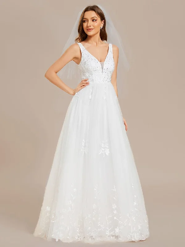 Sleeveless V-Neck A Line Embroidered Tulle Wedding Dress with Applique Illusion Neckline Gown Sleeveless V-Neck A Line Embroidered Tulle Wedding Dress with Applique Illusion Neckline Gown