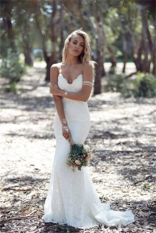 Spaghetti Strap Lace Beach Backless V Neck Sweep Train Long Wedding Dress Classic Satin Gown Spaghetti Strap Lace Beach Backless V Neck Sweep Train Long Wedding Dress Classic Satin Gown