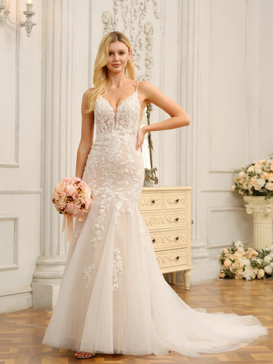 Trumpet/Mermaid Spaghetti Straps Sleeveless Long Wedding Dresses With Appliques Soft Satin Bridal Trumpet/Mermaid Spaghetti Straps Sleeveless Long Wedding Dresses With Appliques Soft Satin Bridal