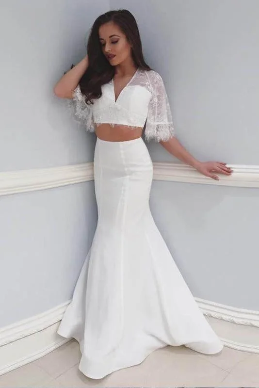 Two Beach with Lace 2 Piece Mermaid V Neck Wedding Dress Classic Bridal Gown