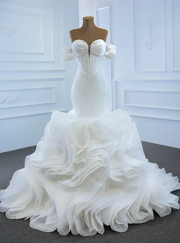 We Provide White Mermaid Satin Organza Sweetheart Pleats Wedding Dress Luxury Lace Gown