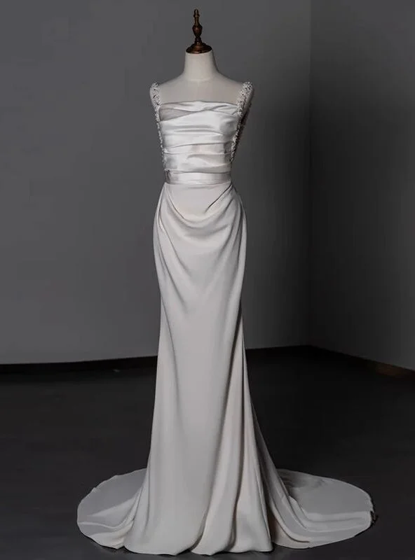 White Satin Straps Beading Wedding Dress Modern Lace Gown