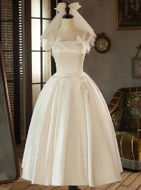 White Satin Straps Bow Short Wedding Dress Simple Satin Gown
