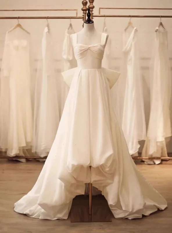 White Satin Straps  Wedding Dress Long Sleeve Gown