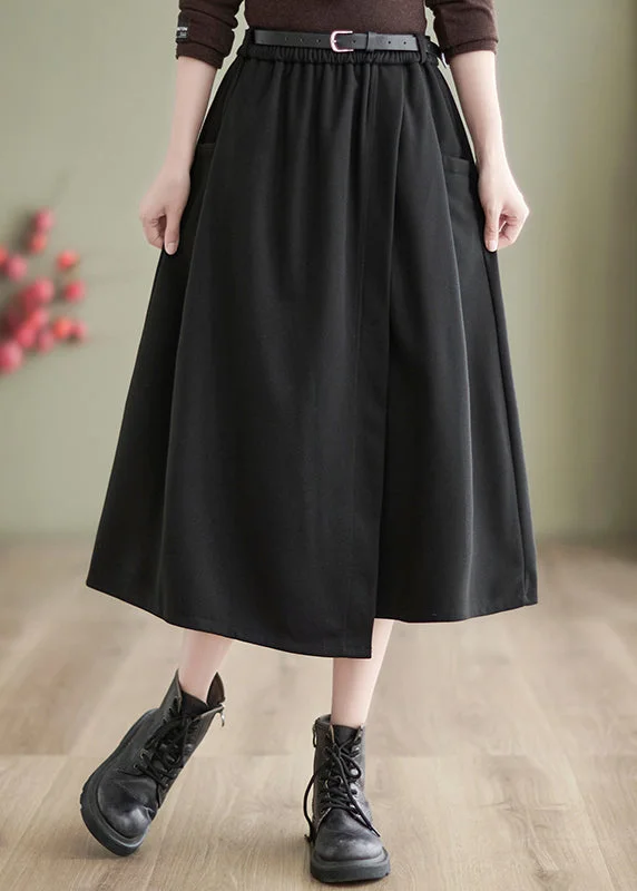 Black High Waist Patchwork Woolen A Line Skirts Asymmetrical Wrap unclassified skirts