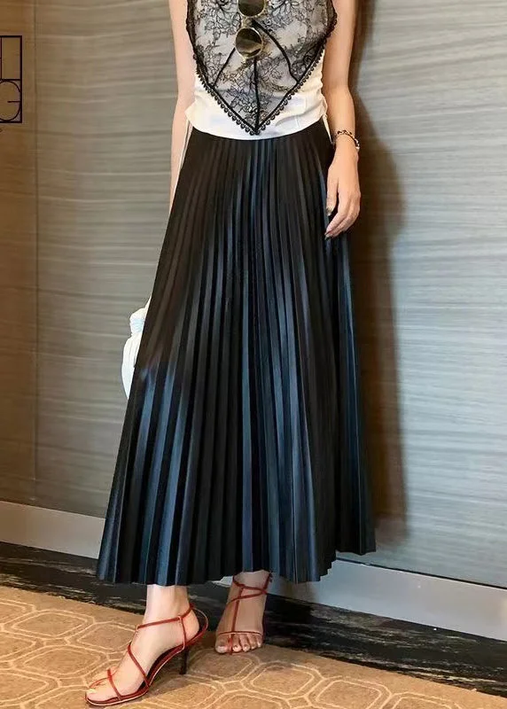 Elegant Black High Waist Faux Leather Pleated Skirts Spring High-waisted unclassified skirts