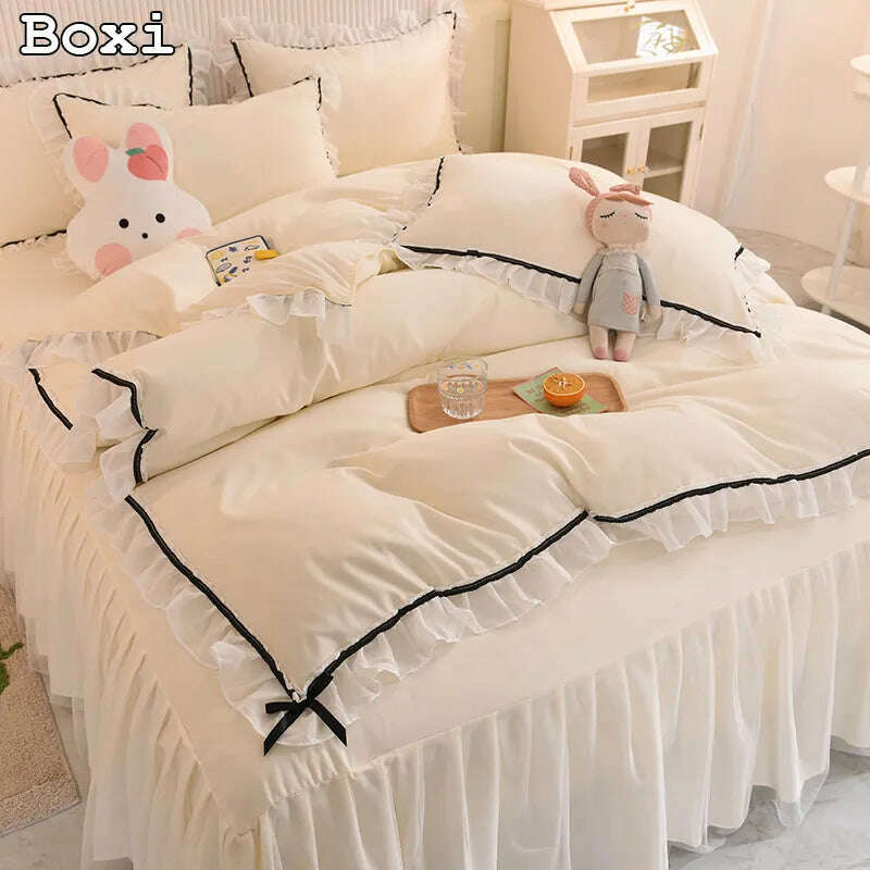 Korean Girl Heart Solid Color Bedding Set Cute Princess Style Cotton Bed Skirt Full Queen Size Flat Sheet Quilt Cover Pillowcase Bright color unclassified skirts
