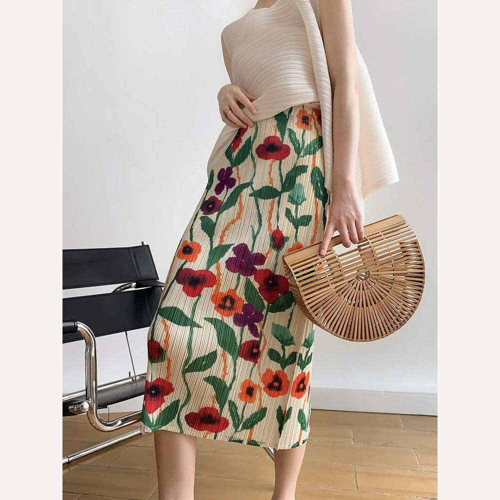 Miyake Pleats Flower Printed Skirt High Waist Slit Straight Women 2023 Spring Summer New Korean Fashion Causal Designer Clothes Tiered unclassified skirts
