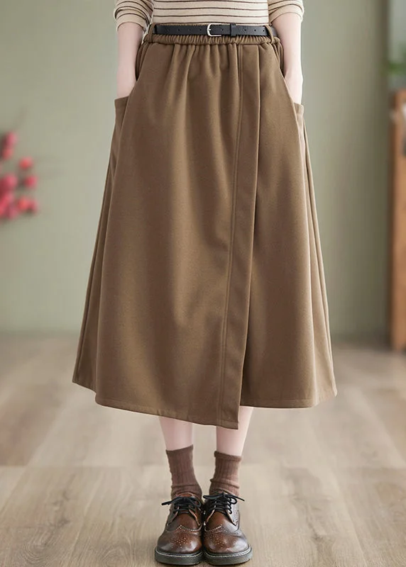 New Khaki Pockets Elastic Waist Woolen Skirts Spring Designer unclassified skirts