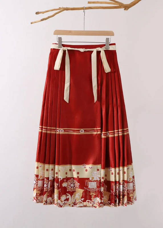 New Red Wrinkled Lace Up Print Cotton Skirts Fall Luxury unclassified skirts