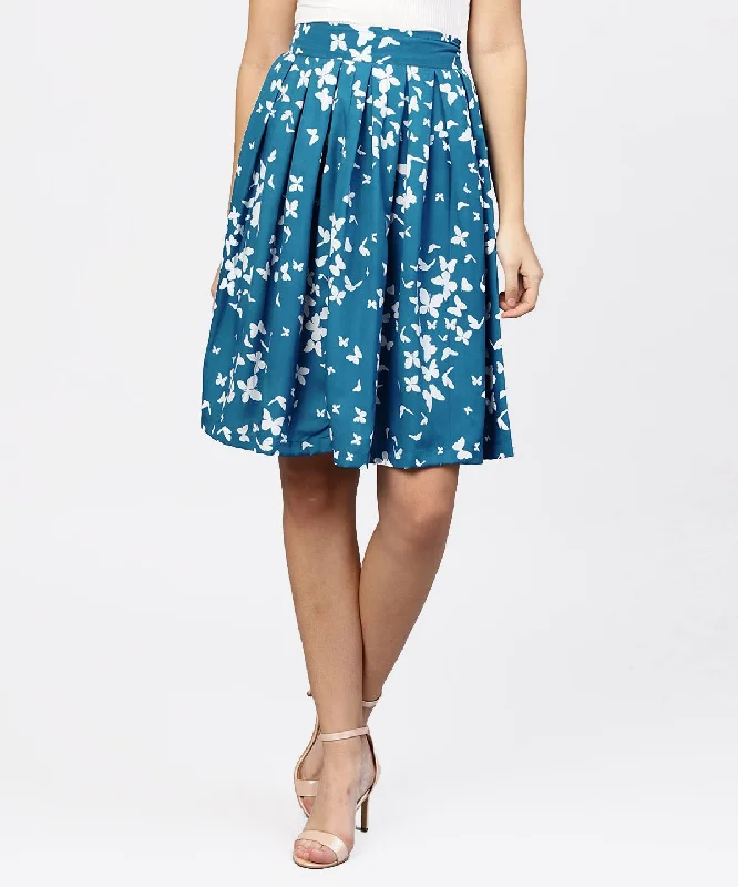 NOZ2TOZ Blue Butterfly Printed Box Pleated Skirt Monochrome unclassified skirts