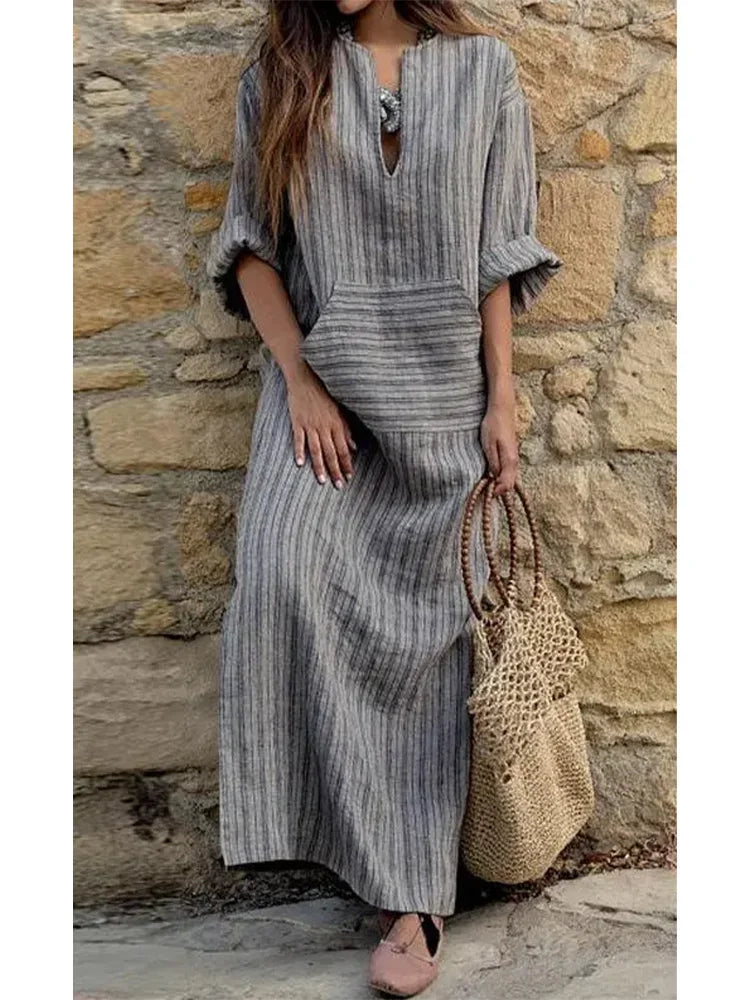 Amy Fashion - Summer Striped Cotton Linen Oversize Long Boho Dress Lace maxi dresses Amy Fashion - Summer Striped Cotton Linen Oversize Long Boho Dress Lace maxi dresses