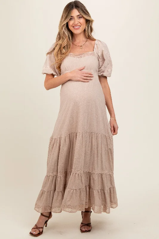 Beige Lace Insert Maternity Maxi Dress Summer maxi dresses